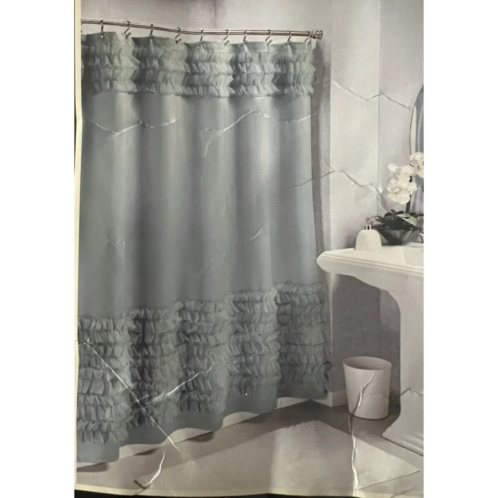 Vintage 80's Harlow Fabric Ruffled Shower Curtain blue 72